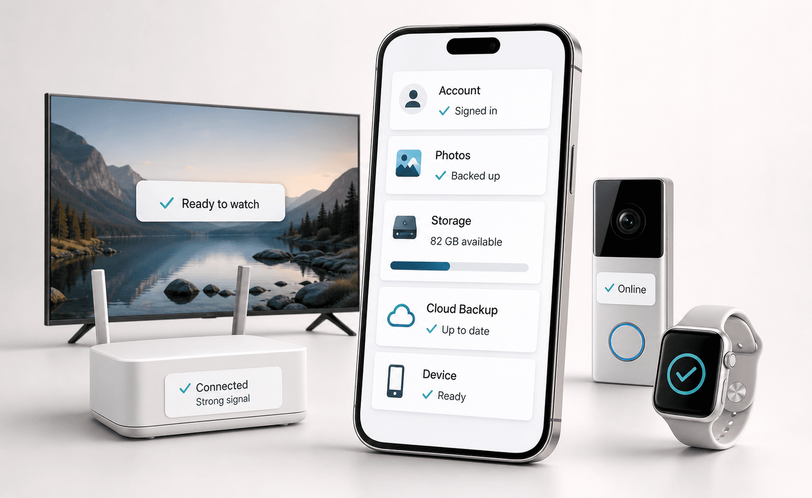 Angled smartphone showing successful account login, photo backup and available storage alongside connected TV, Wi-Fi and smart-home devices